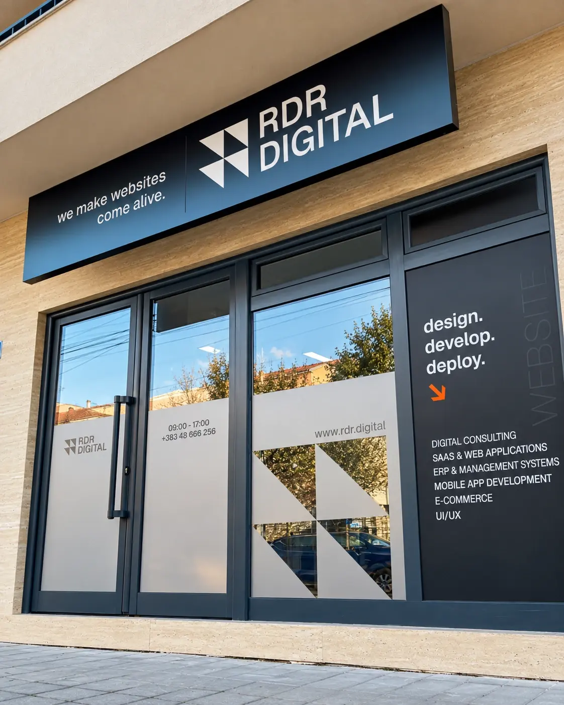RDR Digital office entrance and window signage in Gjilan