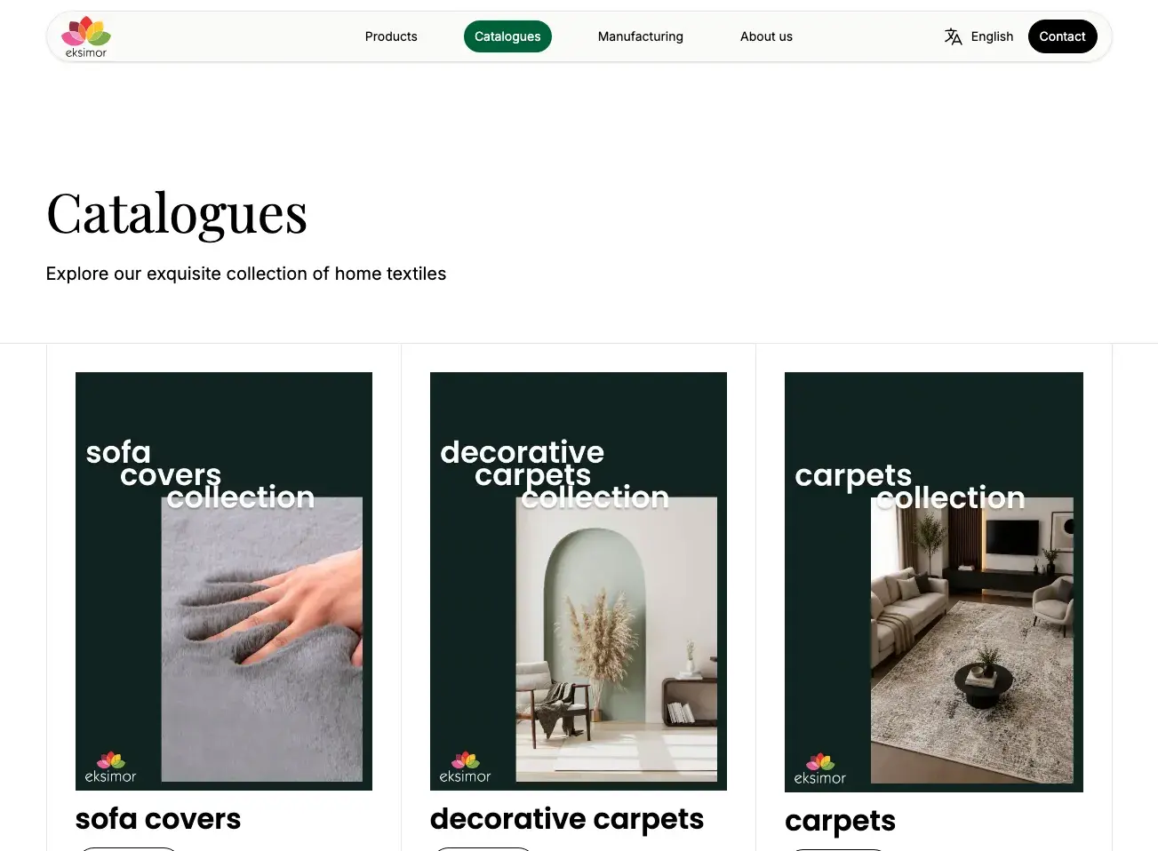 Eksimor catalogues page with sofa cover, decorative carpet, and carpet collections