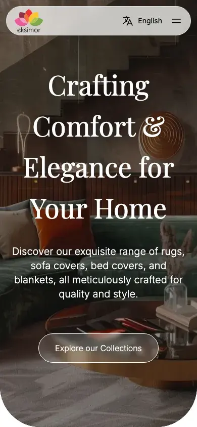 The Eksimor homepage on a phone, with the headline over a furnished room