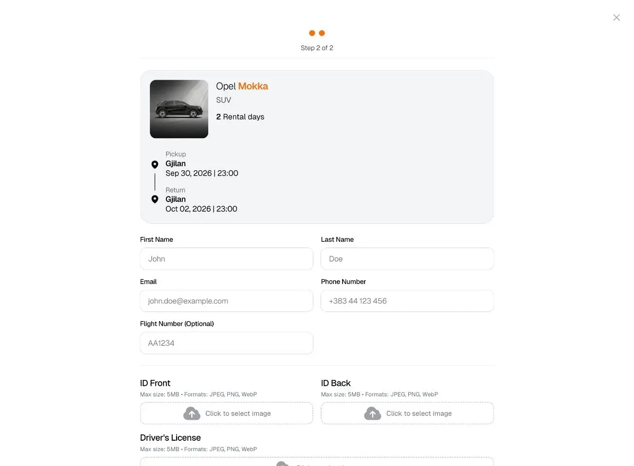 Second booking step with the trip summary above the customer details form