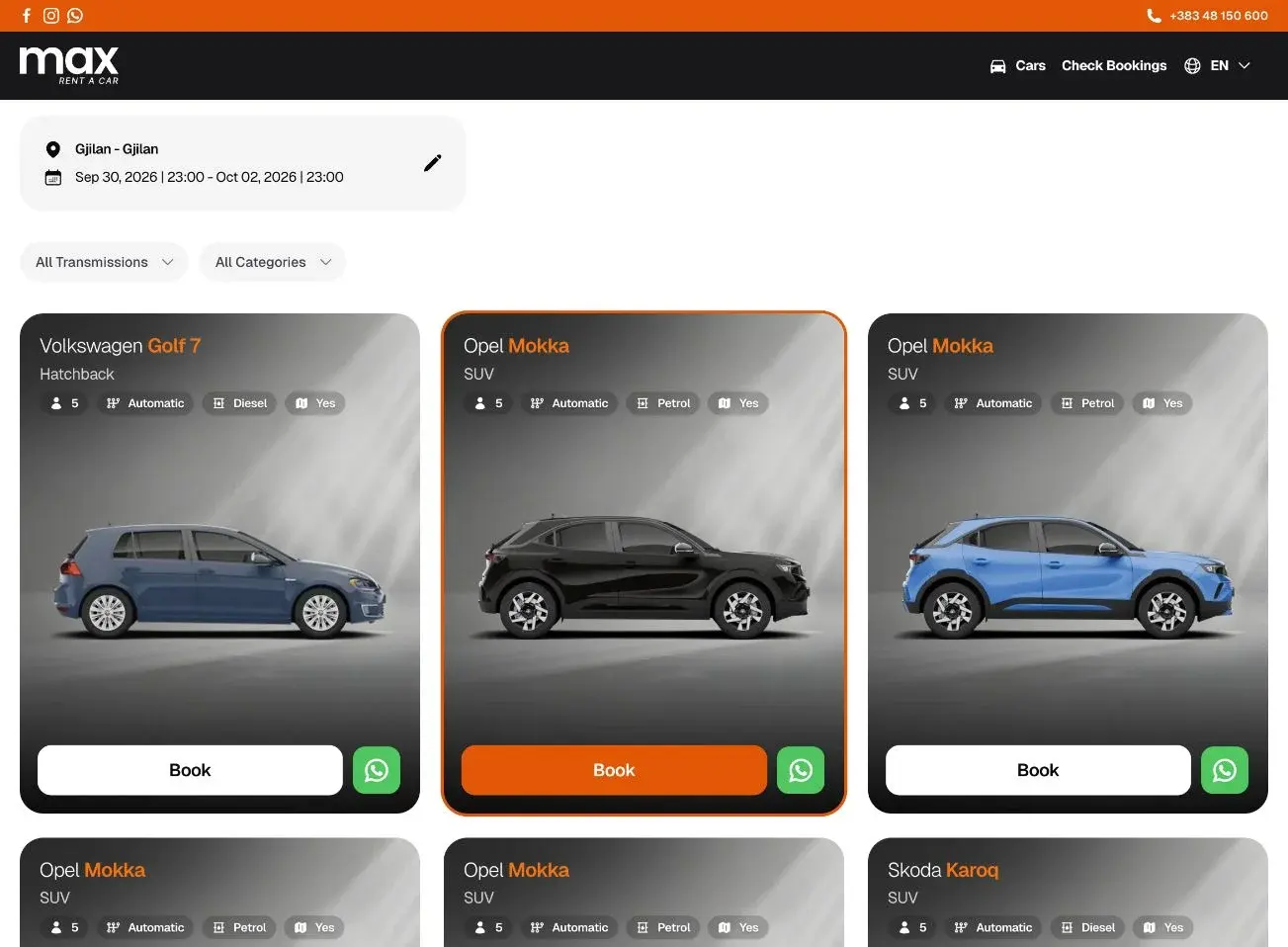 Max car listings with the trip summary, two filters, and vehicle cards