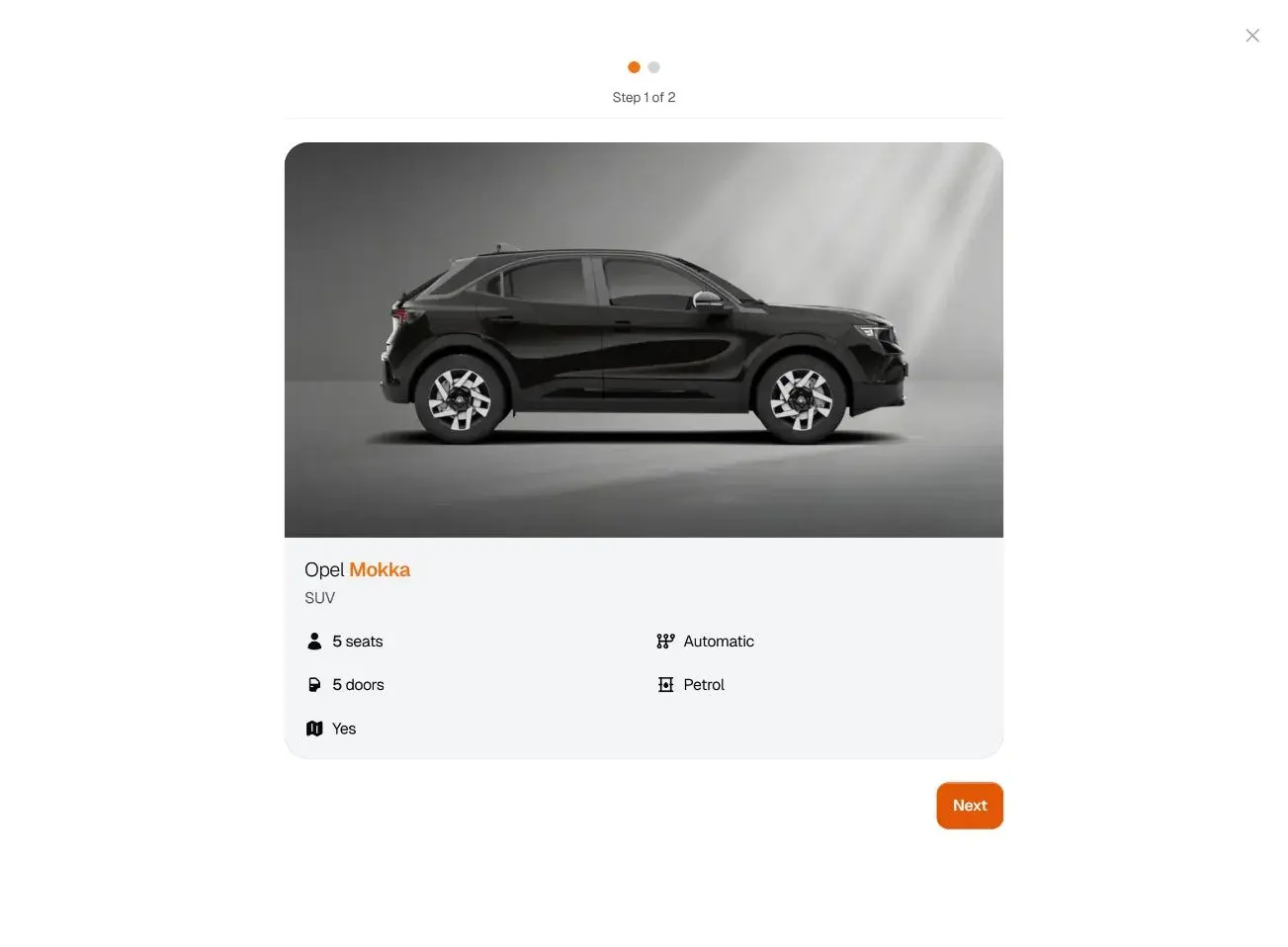 First booking step showing the Opel Mokka and its specifications