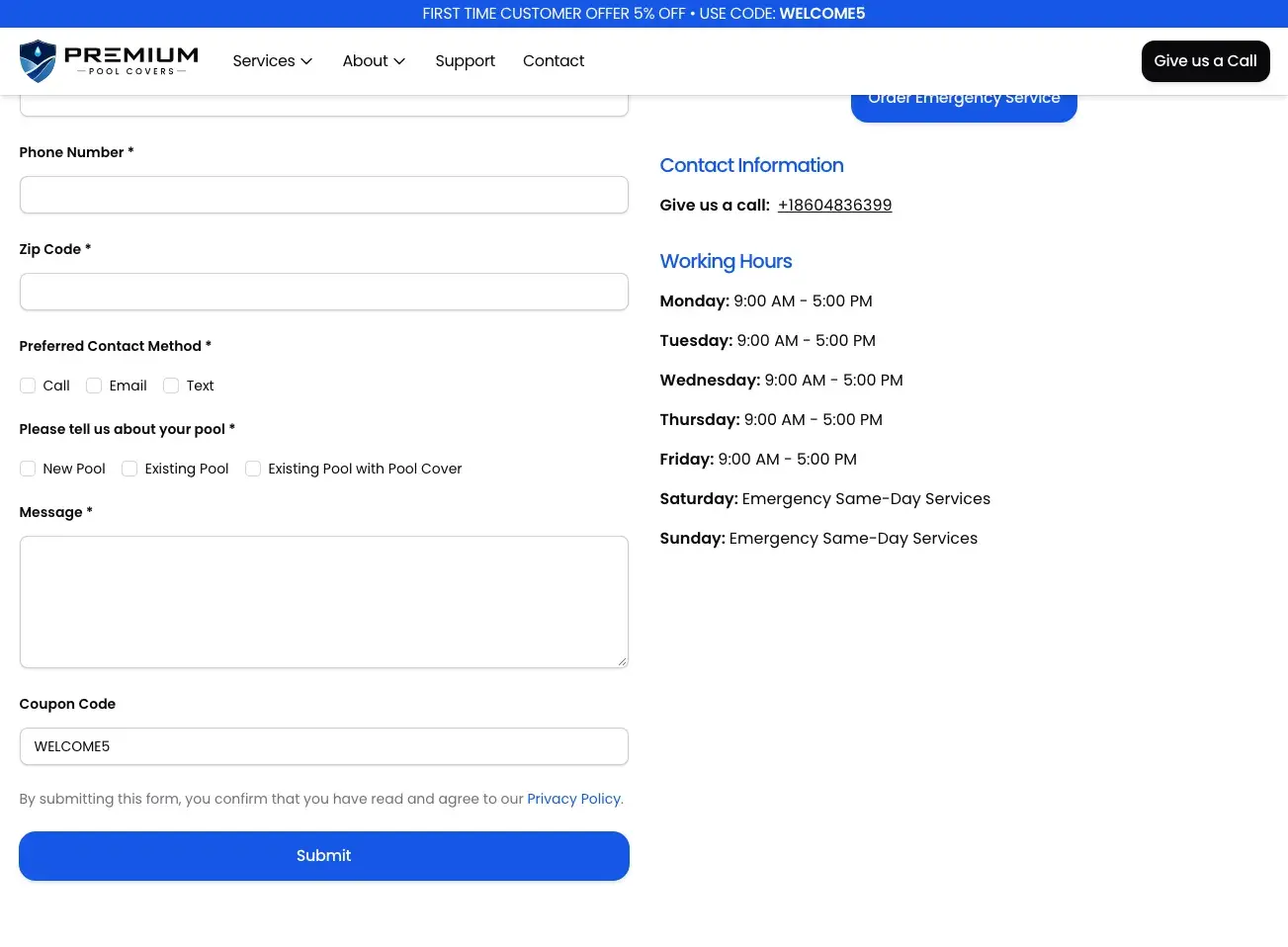 Contact form with the WELCOME5 coupon code already filled in