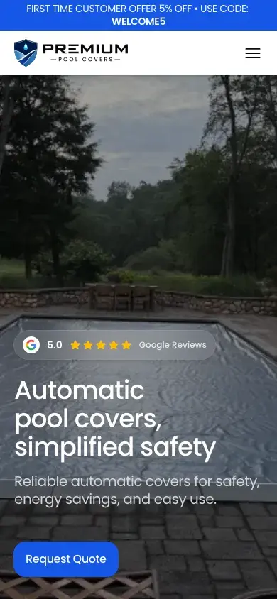 The Premium Pool Covers homepage on a phone, with the headline over a covered pool