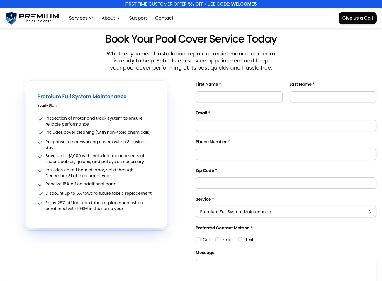 Scheduling form with Premium Full System Maintenance selected and its inclusions beside the fields