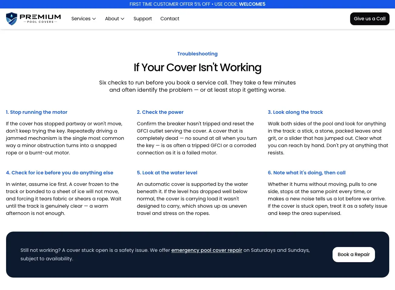 Support page with six numbered troubleshooting checks and a Book a Repair button