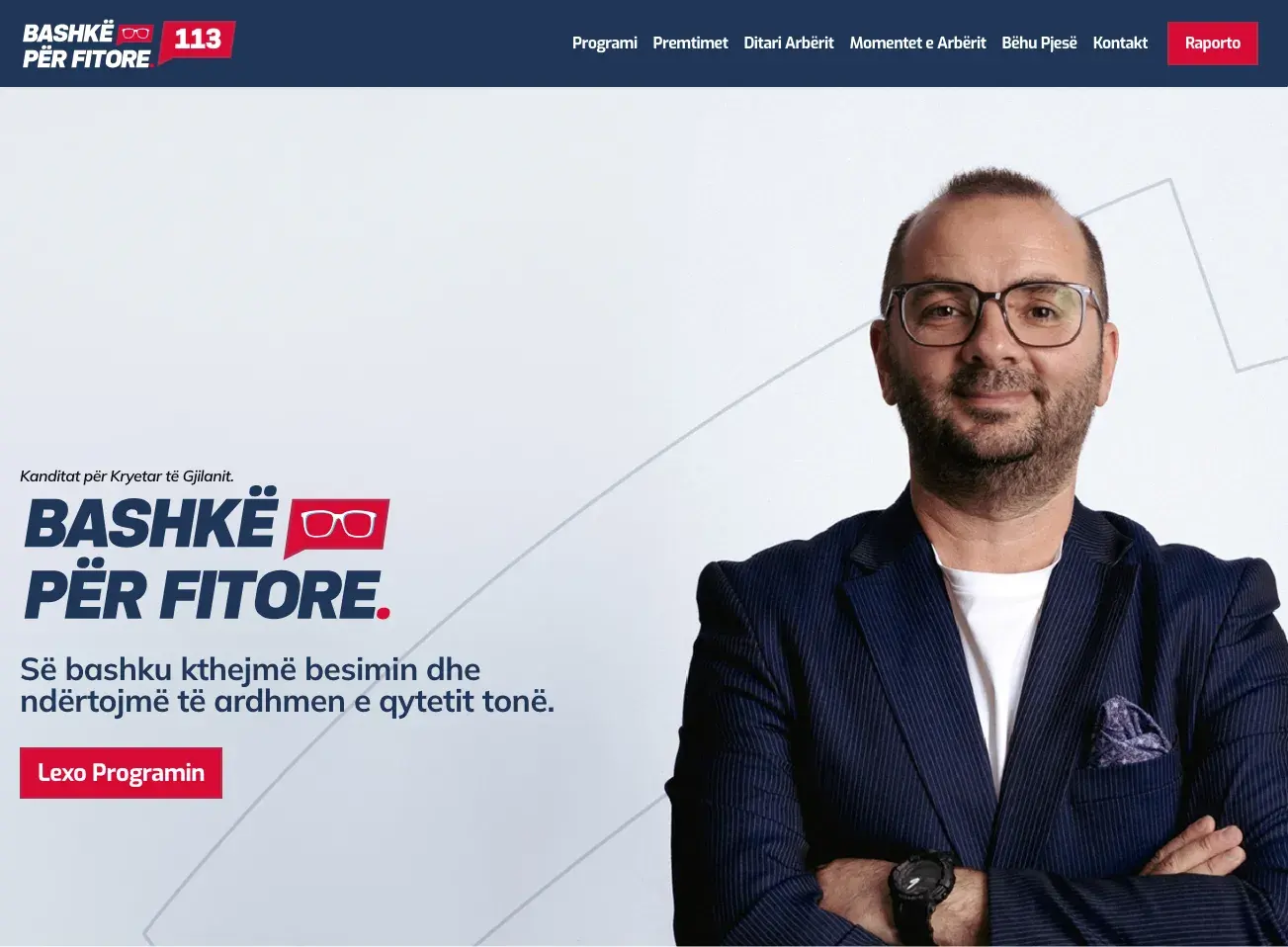 Campaign homepage with Arbër Ismajli, the slogan Bashkë për Fitore, and the Lexo Programin button
