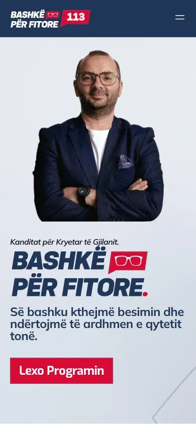 The campaign homepage on a phone, with Arbër Ismajli above the slogan Bashkë për Fitore