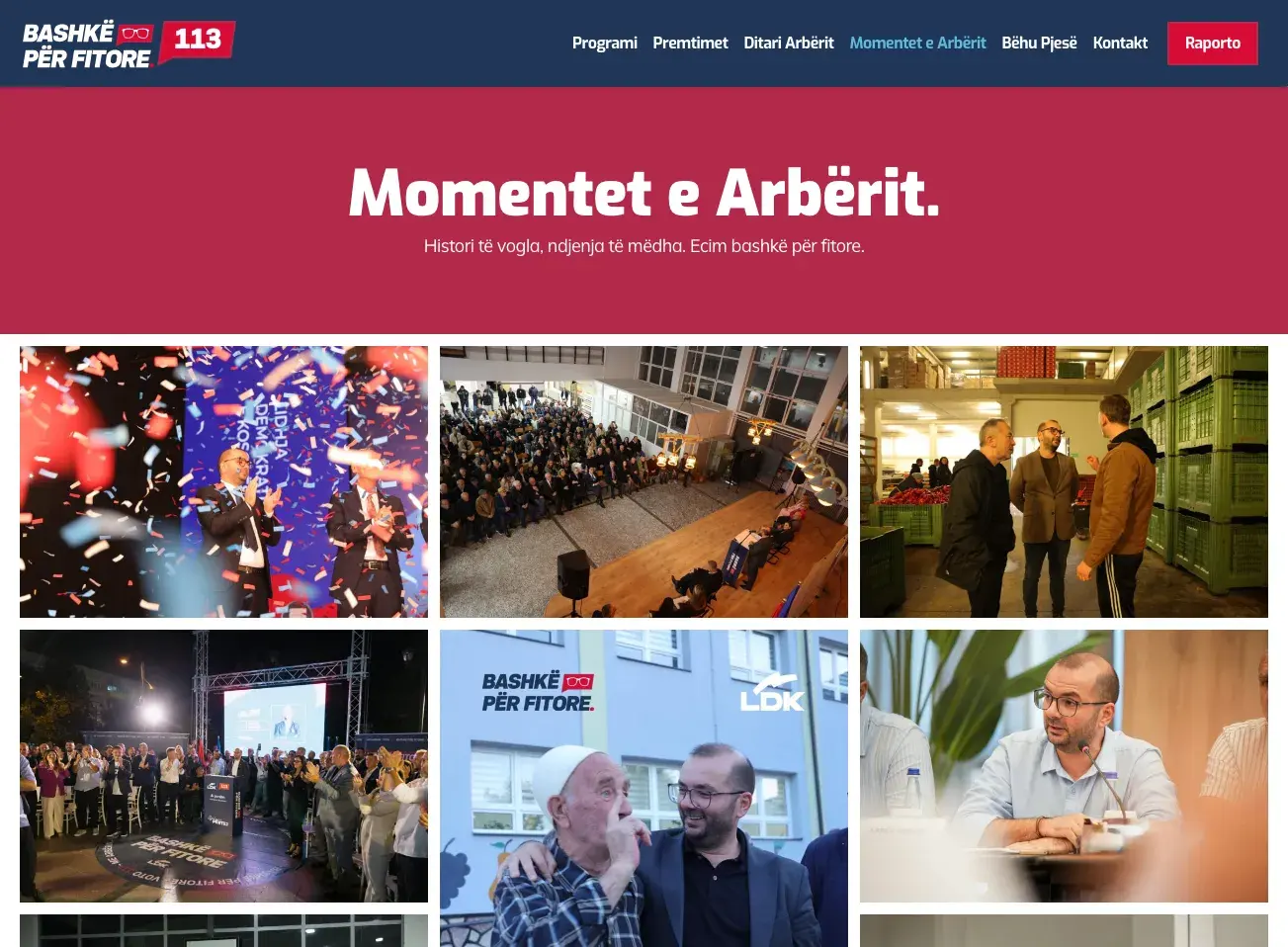 Momentet e Arbërit page with a grid of campaign photographs