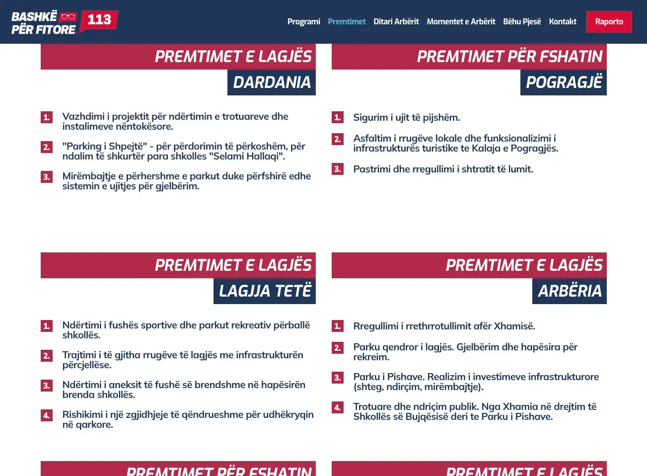 Promises page with numbered promises for the Dardania and Lagjja Tetë neighbourhoods and the village of Pogragjë