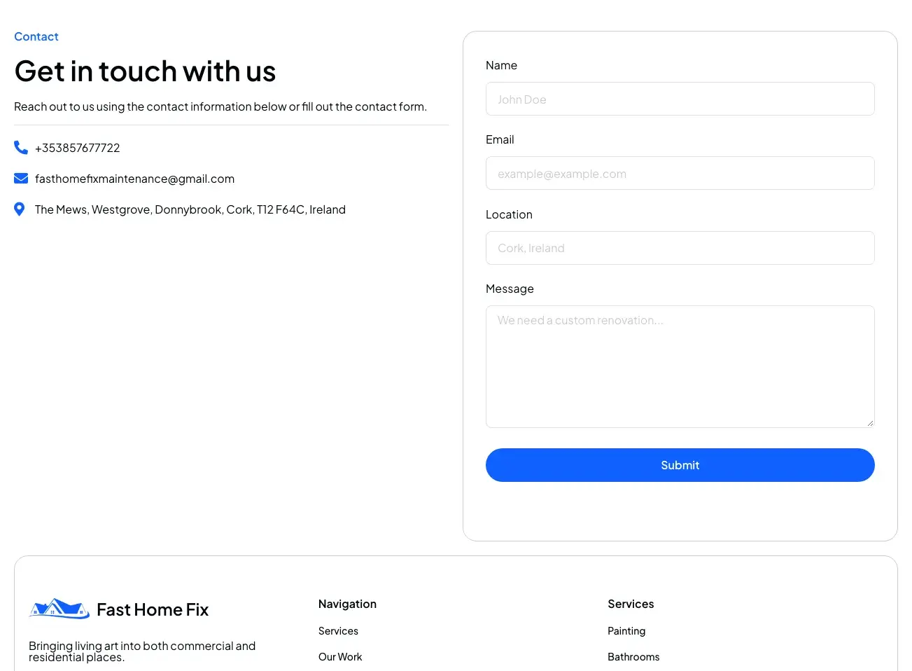 Fast Home Fix contact form with name, email, location, and message fields