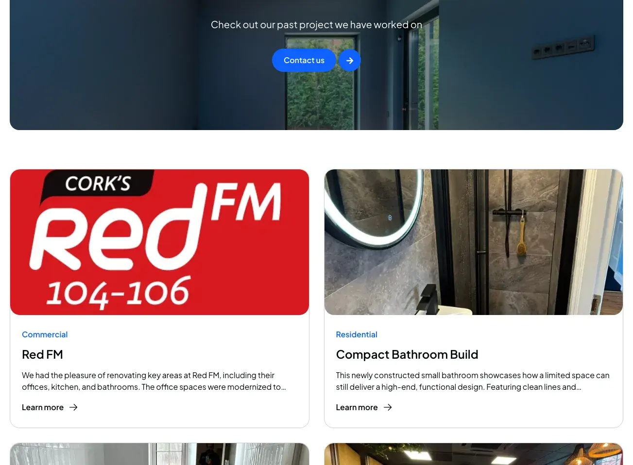 Project cards for Red FM, labeled Commercial, and a compact bathroom, labeled Residential