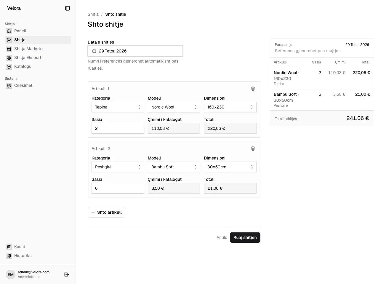 Velora form for a new sale with two lines, a carpet and a towel, and an invoice preview on the right
